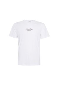 Hvid bomulds t-shirt med korte ærmer, rund hals, med sort trykt tekst i midten. Glat tekstur og klassisk pasform.