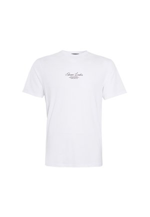 Tricou alb din bumbac, cu mâneci scurte, guler rotund, având text imprimat în negru la centru. Textură netedă și croială clasică.