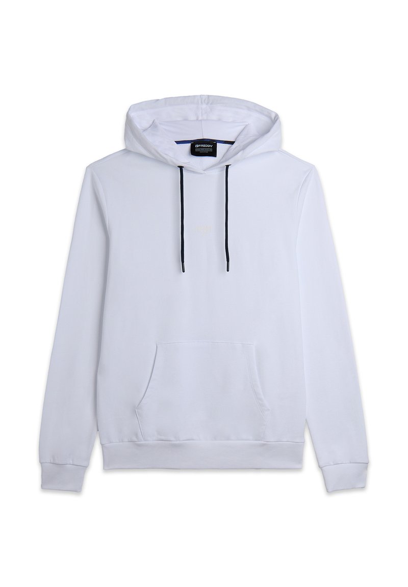 Haut à capuche blanc en tissu doux, doté d'une poche kangourou à l'avant, de cordons de serrage noirs réglables et d'un logo subtil sur la poitrine.