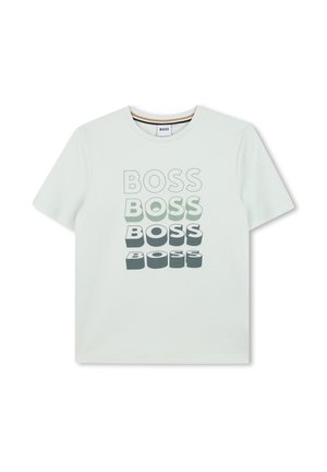 T-shirt blanc à manches courtes avec le mot « BOSS » imprimé quatre fois en lettres en relief 3D dégressives sur le devant.