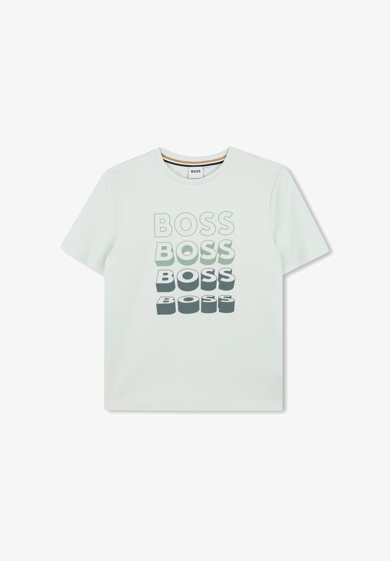 T-shirt blanc à manches courtes avec le mot « BOSS » imprimé quatre fois en lettres en relief 3D dégressives sur le devant.