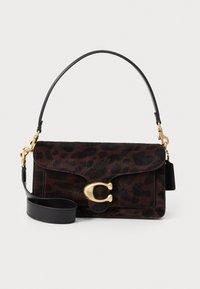 Brown leopard print handbag made of textured fabric, featuring a gold clasp and black leather strap. Compact rectangular shape with a flap.