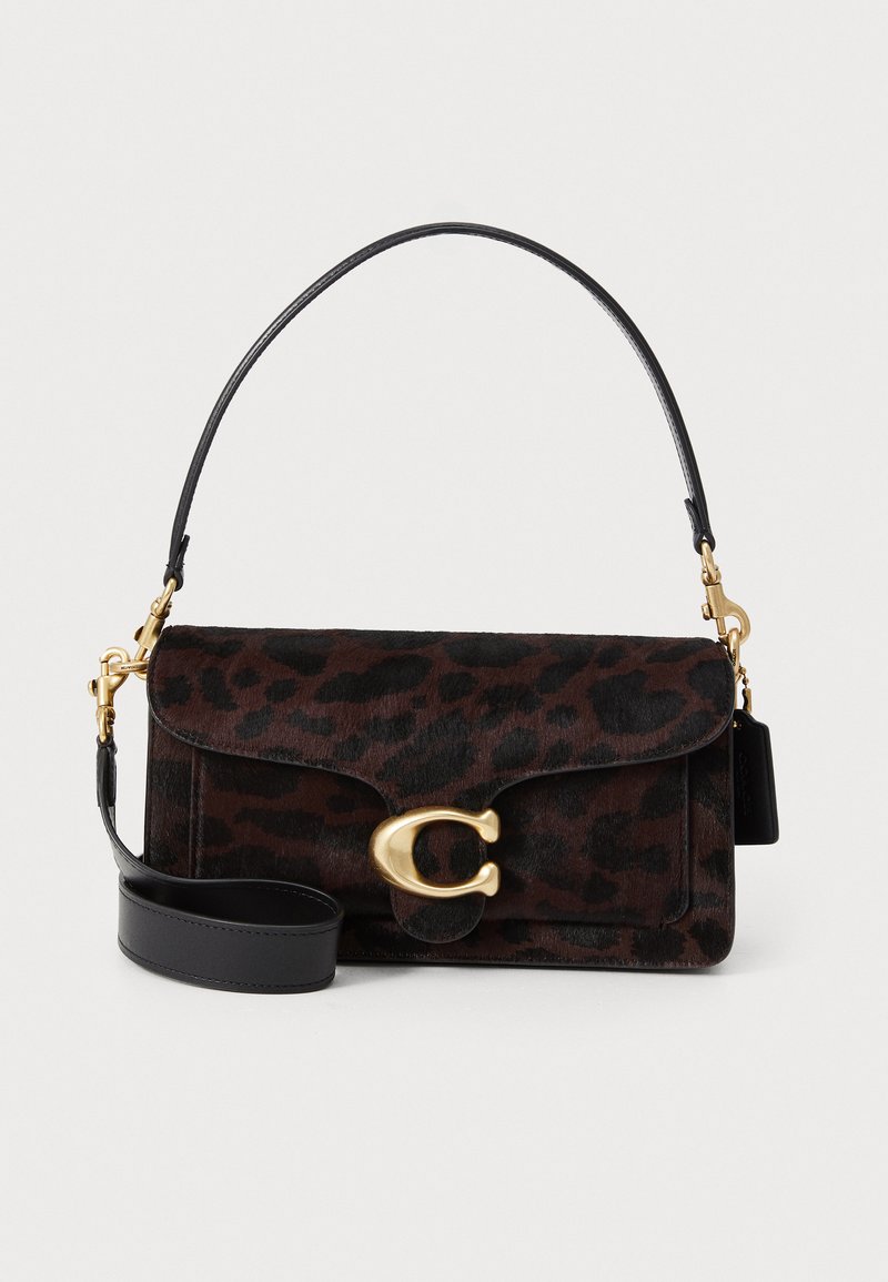 Brown leopard print handbag made of textured fabric, featuring a gold clasp and black leather strap. Compact rectangular shape with a flap.