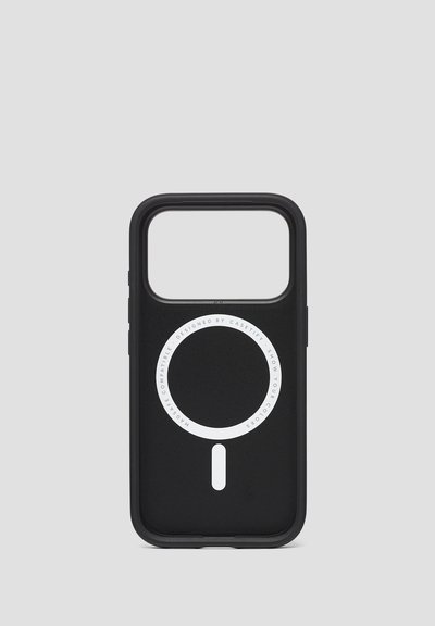 Custodia nera per smartphone compatibile con MagSafe, con un motivo circolare bianco e apertura superiore per l'accesso alla fotocamera. Texture liscia.