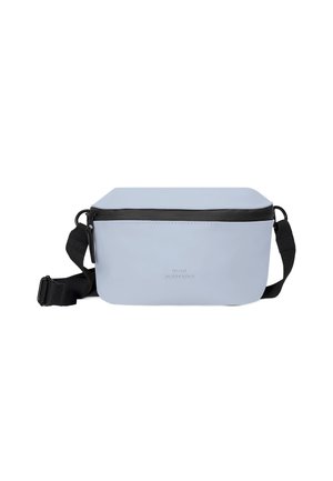 Light blue rectangular crossbody bag with black adjustable strap and top zipper closure, showing minimal branding on front center.