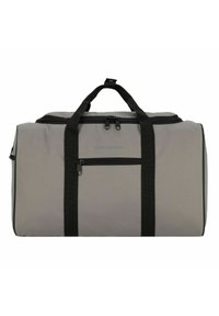 Grauem Duffelbag aus strapazierfähigem Stoff, mit schwarzen Griffen, Reißverschluss und einer Fronttasche. Rechteckige Form mit strukturierter Oberfläche.