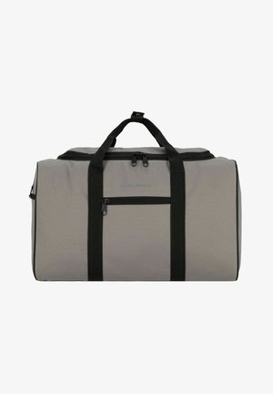 Grauem Duffelbag aus strapazierfähigem Stoff, mit schwarzen Griffen, Reißverschluss und einer Fronttasche. Rechteckige Form mit strukturierter Oberfläche.