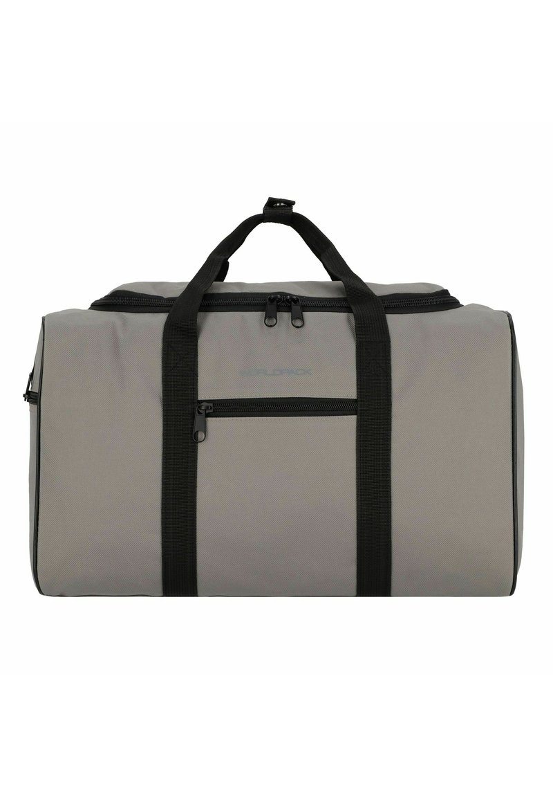 Grauem Duffelbag aus strapazierfähigem Stoff, mit schwarzen Griffen, Reißverschluss und einer Fronttasche. Rechteckige Form mit strukturierter Oberfläche.