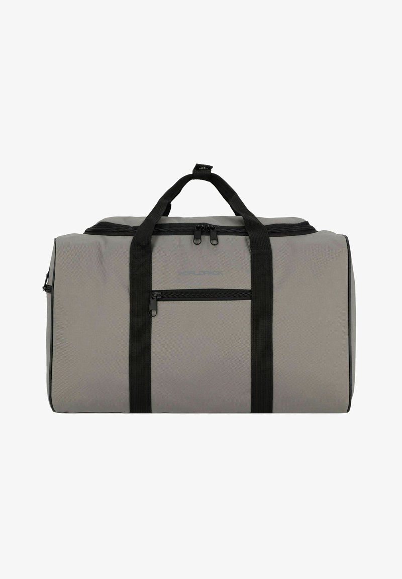 Grauem Duffelbag aus strapazierfähigem Stoff, mit schwarzen Griffen, Reißverschluss und einer Fronttasche. Rechteckige Form mit strukturierter Oberfläche.