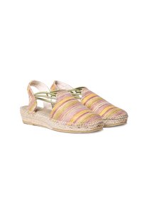 Mångfärgade espadriller med rosa, gult och krämfärgat vävt textilövre. Slingback-design med gröna accenter och sula av jute.