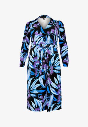 Bloemen wikkeljurk met lange mouwen. Bevat blauwe en paarse bloemen op een zwarte achtergrond. Inclusief een gestrikte tailleband. Zachte stofstructuur.