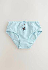Helle blaue Baumwollunterwäsche mit Spitzenbesatz, einer dekorativen Schleife und einem Druckdesign eines Charakters mit bunten Punkten.