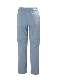 Vaaleansiniset vetoketjulliset housut, jotka on valmistettu kestävästä, kevyestä kankaasta. Niissä on joustava vyötärönauha ja sileä pinta, jossa on vähän saumoja.