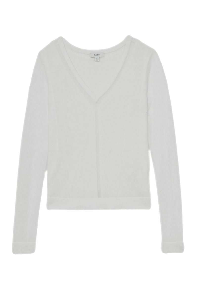 Hvid langærmet V-hals pullover sweater med et cropped design, lavet af blødt materiale, med en ren silhuet og ribbede manchetter.