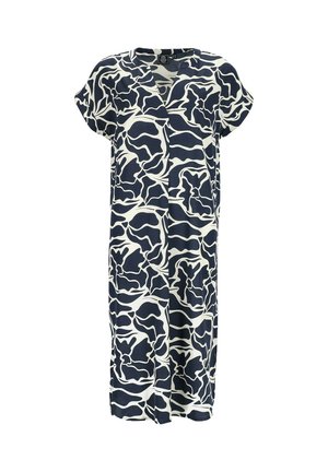 Vestido de longitud media en azul marino y blanco, con un diseño fluido, mangas cortas y un patrón abstracto con líneas curvas.