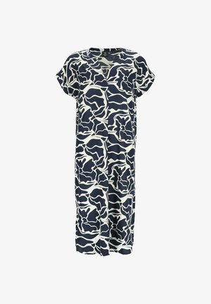 Vestido de longitud media en azul marino y blanco, con un diseño fluido, mangas cortas y un patrón abstracto con líneas curvas.
