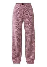 Pantalons amples à motif zigzag rose et violet, fabriqués dans un tissu léger avec une taille élastique et des poignets fuselés.