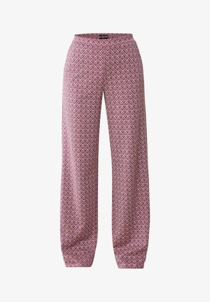 Loose-fitting trousers in a pink and purple zigzag pattern, made from a lightweight fabric with an elastic waistband and tapered cuffs.