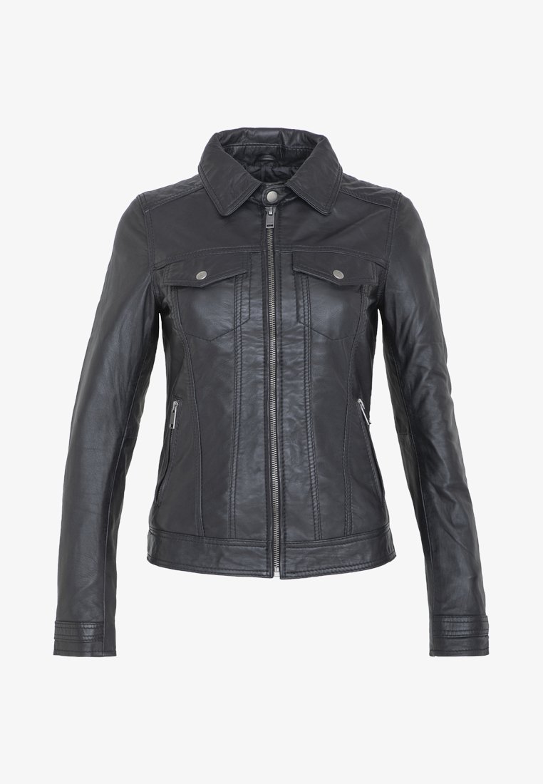 Zwarte leren jas met een rits aan de voorkant, drukknoopsluitingen, twee borstzakken en stiksels. Kenmerkt zich door een klassieke kraag en een slim fit ontwerp.