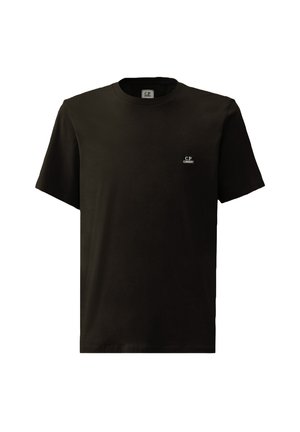 T-shirt nera in cotone con scollo tondo e maniche corte. Presenta un piccolo logo bianco sul lato sinistro del petto. Texture morbida e vestibilità regolare.