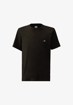 T-shirt nera in cotone con scollo tondo e maniche corte. Presenta un piccolo logo bianco sul lato sinistro del petto. Texture morbida e vestibilità regolare.