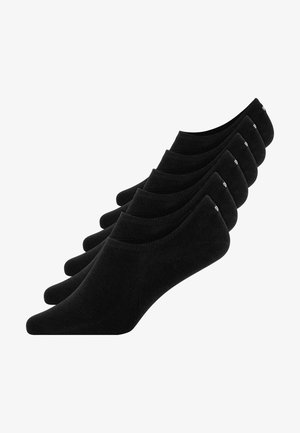 Cinco pares de calcetines negros de tobillo, hechos de una mezcla de algodón, con una textura suave y puño elástico para un ajuste seguro. Detalle de marca mínimo.