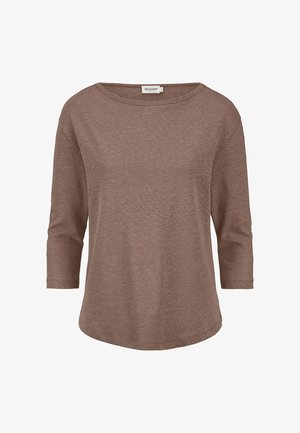 Braunes Langarmshirt mit rundem Ausschnitt und leicht abgerundetem Saum, dargestellt vor weißem Hintergrund.