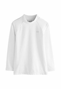 White long-sleeve shirt made of smooth fabric, featuring a high collar and raglan sleeves. Subtle logo in light grey on the chest.