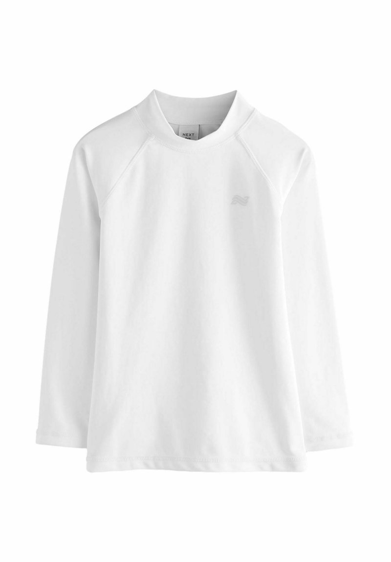 White long-sleeve shirt made of smooth fabric, featuring a high collar and raglan sleeves. Subtle logo in light grey on the chest.