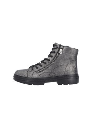 Gray metallic high-top boot with a textured finish, black rubber sole, front laces, and a side zipper for easy access.