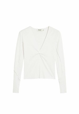 Weißes Langarmshirt mit V-Ausschnitt und Drehdetail vorne. Hergestellt aus einem gerippten Stoff mit glatter Textur. Verfügt über enganliegende Ärmel.