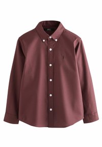 Mörkröd skjorta med knappar i mjukt tyg, med krage, långa ärmar, vita knappar och en liten broderad logotyp på bröstet.