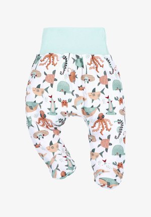 Trousers with a light mint waist and white fabric featuring a colorful sea-themed print of fish, octopuses, and turtles in soft textures.