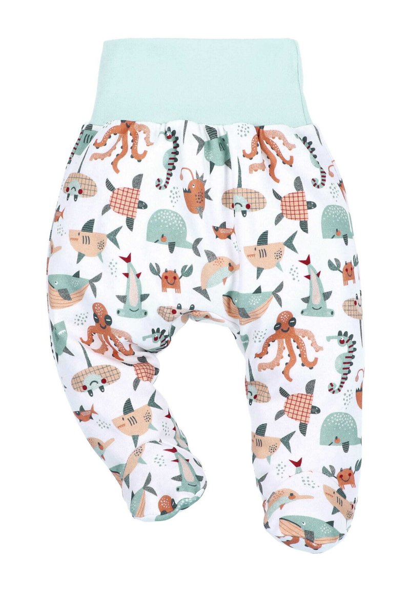 Hose mit einem hellen Minz-Fußbund und weißem Stoff, der mit einem bunten, vom Meer inspirierten Druck von Fischen, Tintenfischen und Schildkröten in sanften Texturen versehen ist.