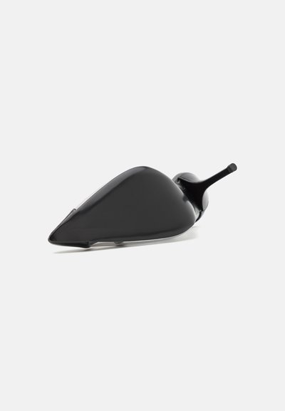 Black pointed shoe with a glossy finish, sleek design, and a thin, tapered heel. Features smooth texture and minimalistic structure.