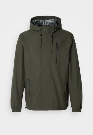 Groene waterdichte jas met capuchon, ritszak op de borst, verstelbare trekkoorden, elastische manchetten en een gladde binnenvoering.