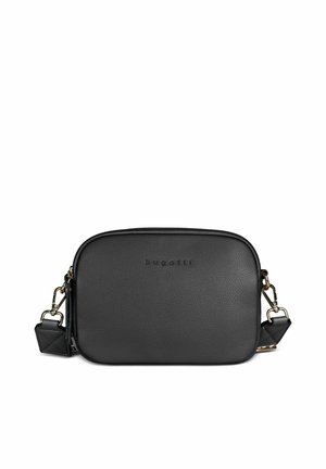 Black rectangular crossbody bag with textured surface, gold-tone clasps, and "bugatti" logo embossed on front.
