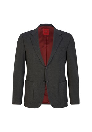 Gray blazer with a smooth texture, two front pockets, and two-button closure. Interior lined with red satin fabric. Tailored fit.