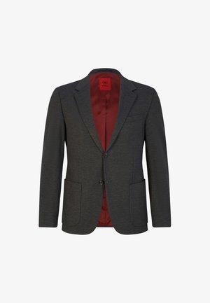 Grijze blazer met een gladde textuur, twee frontzakken en een sluiting met twee knopen. Binnenvoering van rode satijnen stof. Tailored fit.