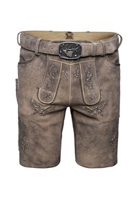 Lederhosen mit aufwändiger Stickerei in Brauntönen, ausgestattet mit einer dekorativen Gürtelschnalle und seitlichen Taschen. Texturierte Oberfläche mit Tiermotiven.