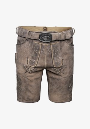 Shorts en cuir avec une broderie complexe dans des tons bruns, présentant une boucle de ceinture décorative et des poches latérales. Fini texturé avec des motifs animaliers.
