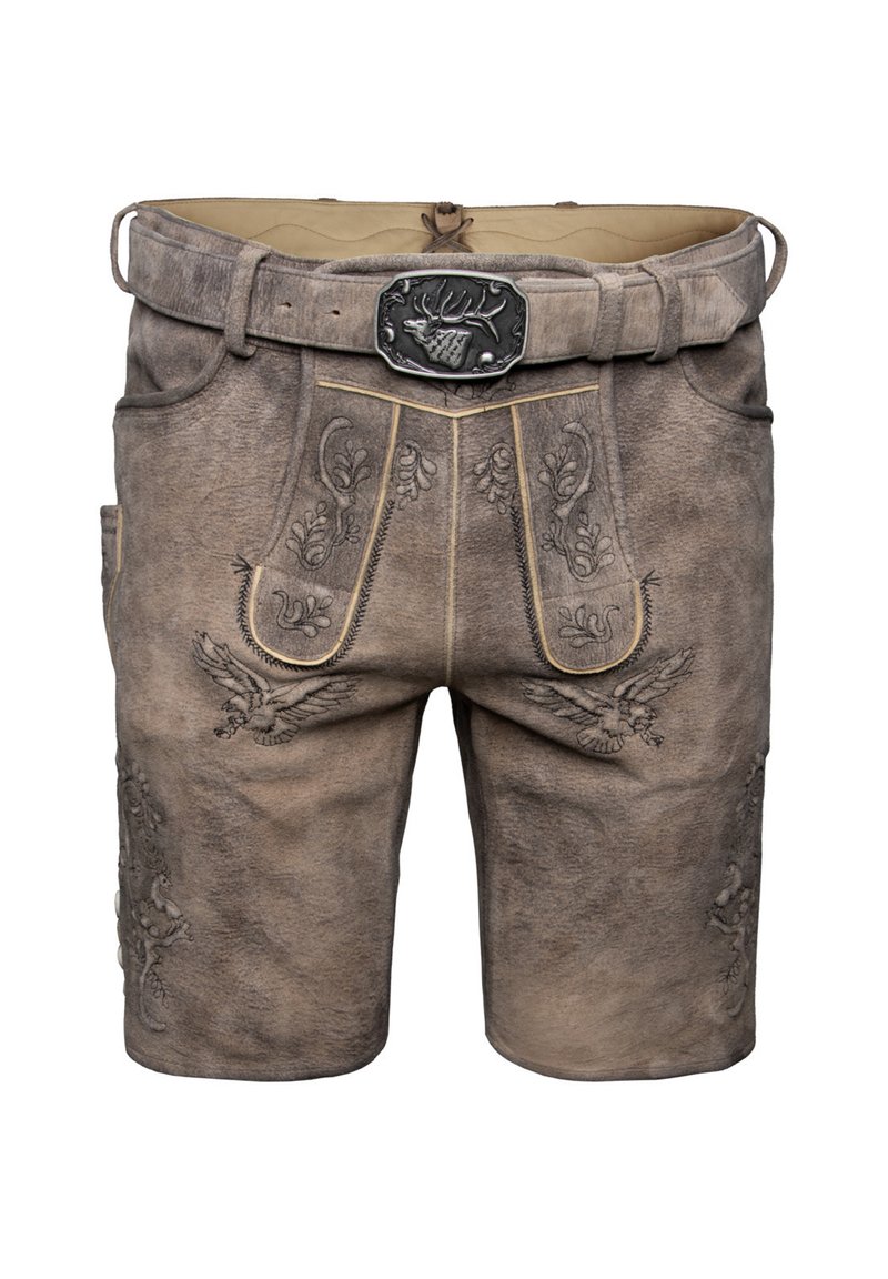 Lederhosen mit aufwändiger Stickerei in Brauntönen, ausgestattet mit einer dekorativen Gürtelschnalle und seitlichen Taschen. Texturierte Oberfläche mit Tiermotiven.