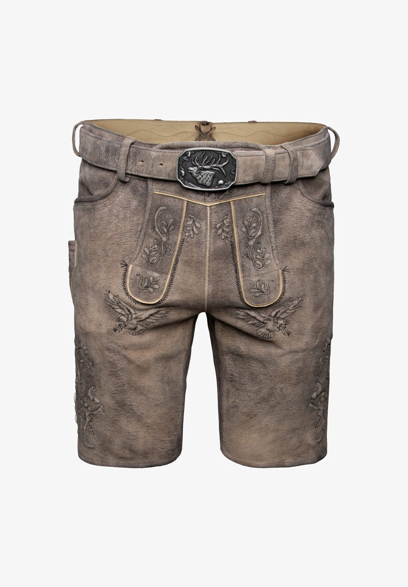 Lederhosen mit aufwändiger Stickerei in Brauntönen, ausgestattet mit einer dekorativen Gürtelschnalle und seitlichen Taschen. Texturierte Oberfläche mit Tiermotiven.