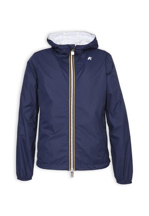 Giacca leggera blu navy con interno bianco, chiusura con cerniera frontale, polsini elasticizzati e cappuccio; presenta una cerniera in contrasto con dettagli.