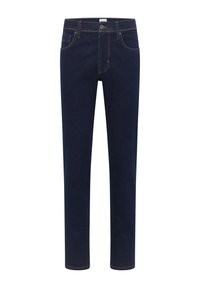 Jeans din denim de culoare albastru închis, cu croi drept, design cu cinci buzunare, cusături portocalii în contrast și închidere cu nasture la talie.