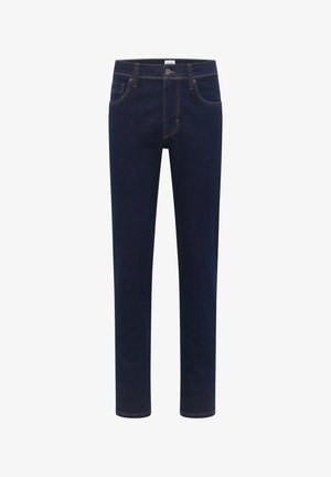 Sötétkék farmernadrág, egyenes szabású, öt zsebes kivitelben, kontrasztos narancssárga varrással és gombos derékzárral.