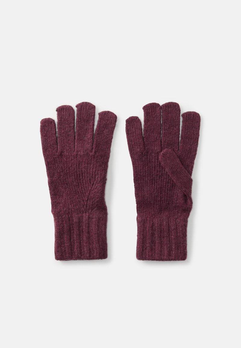 Burgundy strikkede handsker med ribbede håndled, der har fem fingre og en struktureret overflade for varme og komfort.