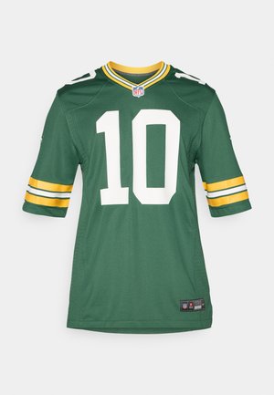 Green NFL jersey with yellow accents and white number 10. Short sleeves feature yellow and white stripes. Made from synthetic material.