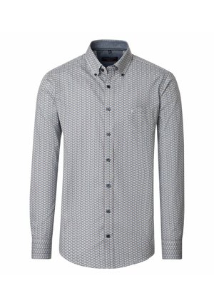 Herren Langarmhemd mit kleinem geometrischen Muster in Blau und Beige, mit Button-Down-Kragen und Brusttasche.