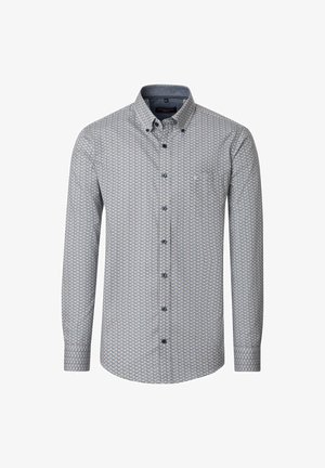 Męska koszula z długim rękawem, zapinana na guziki, w mały geometryczny wzór w niebieskim i beżowym kolorze, z kołnierzykiem zapinanym na guziki oraz kieszenią z przodu.